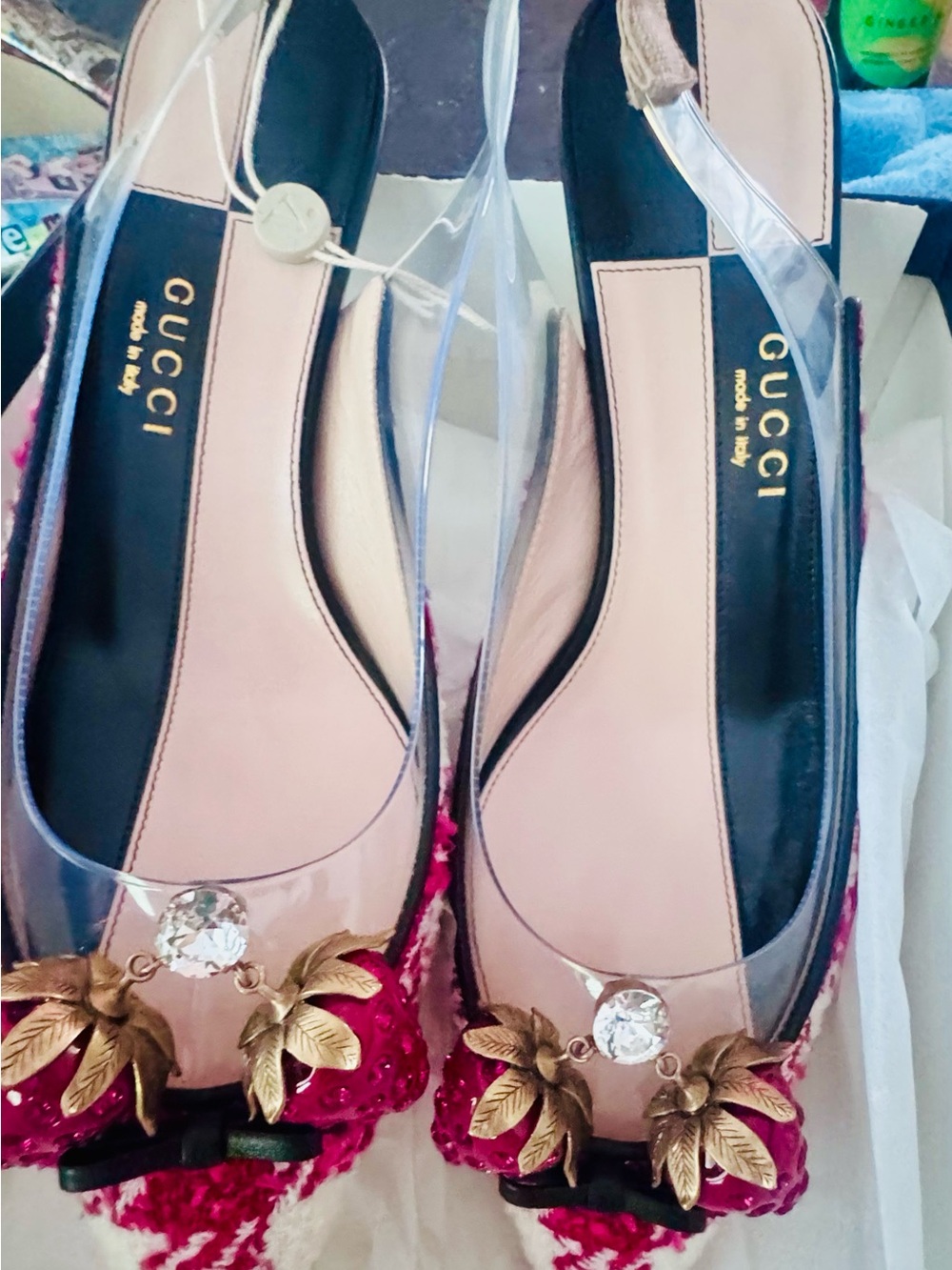 Gucci Pink Crystal & Gold Leaf Slingback Flats